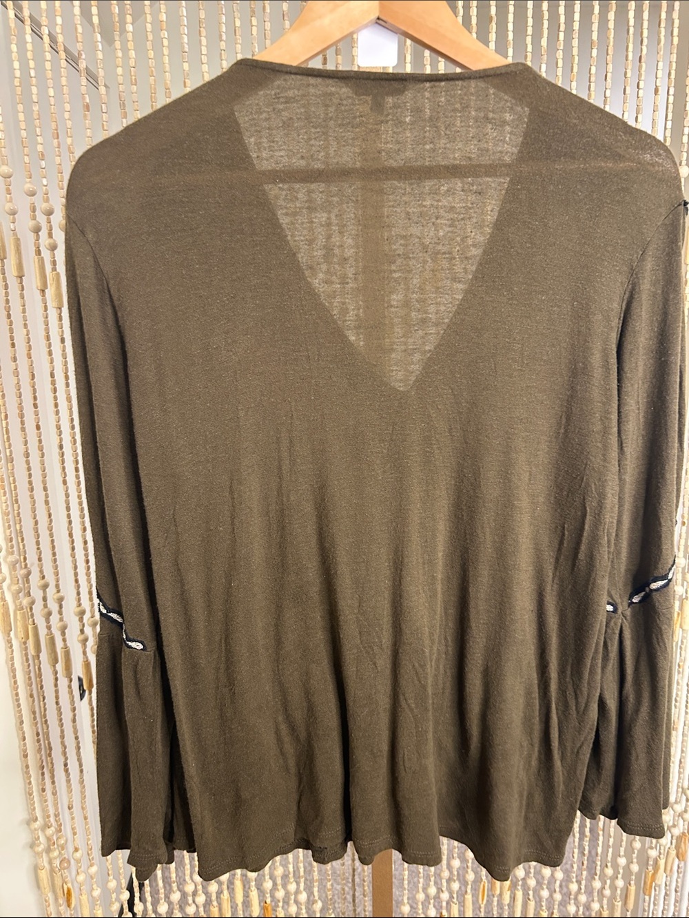 Lucky Brand Olive Green Long Sleeve Embroidered V-Neck top - Picture 7 of 8